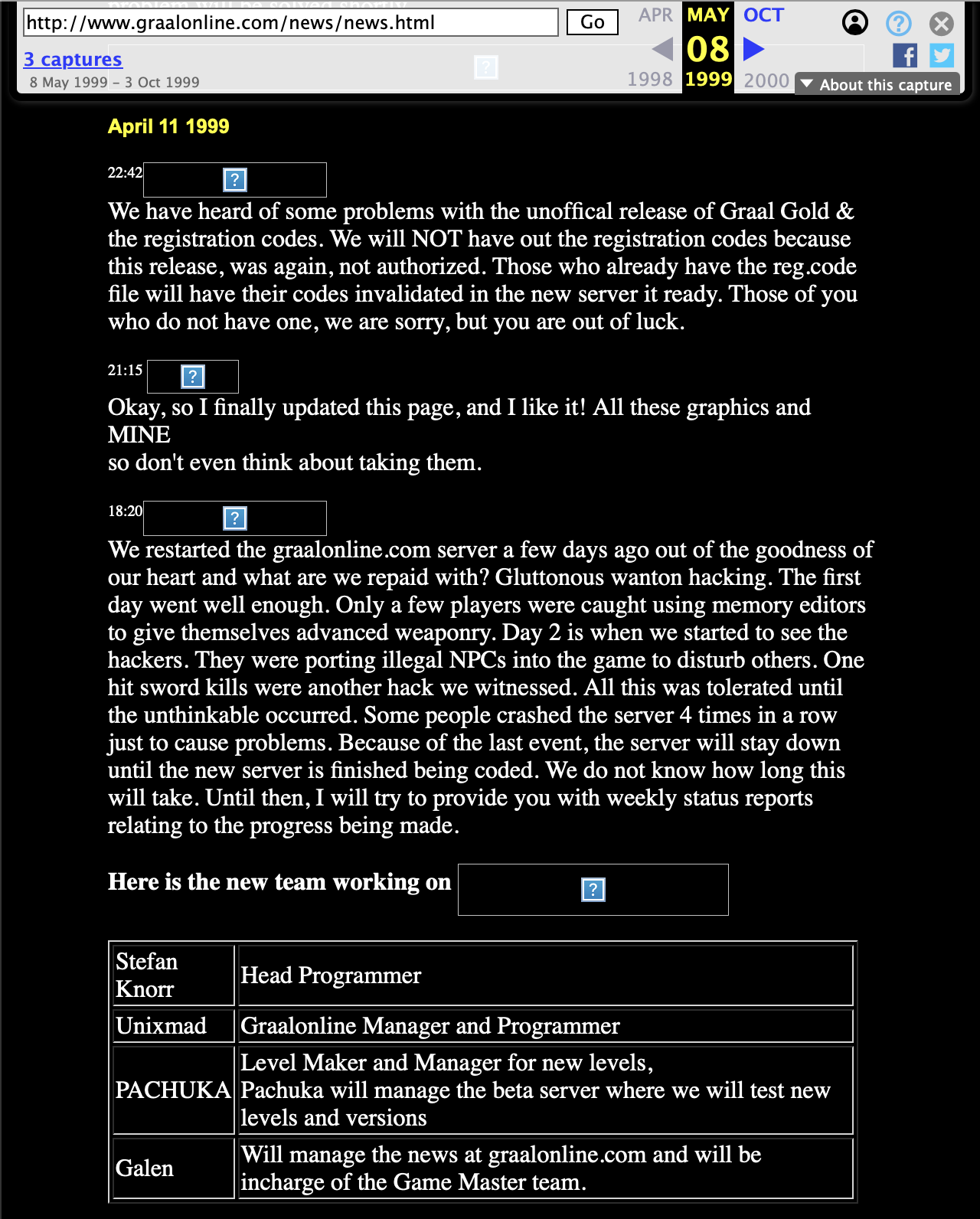 First Graal staff begins, and Graal Gold is announced as not yet official.