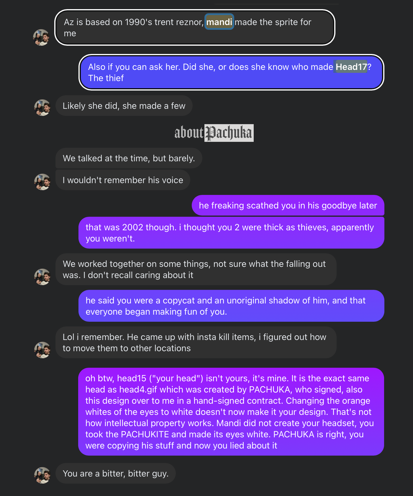 Azrael lies about stealing from PACHUKA 27 years later.